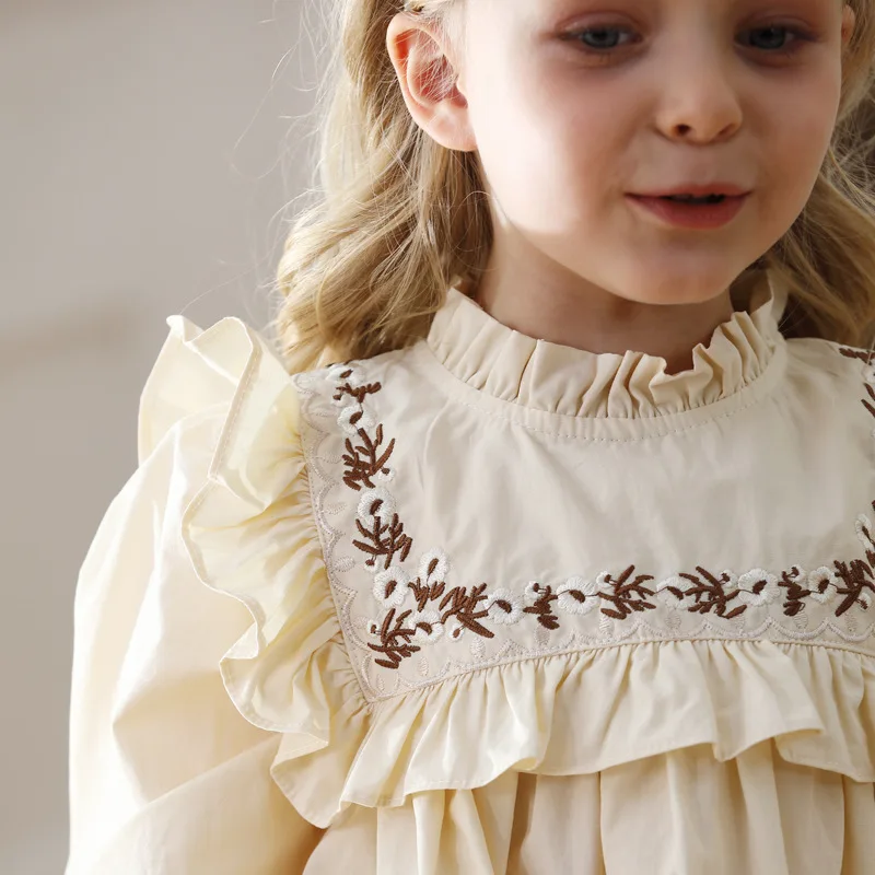 2024Autumn Girls Mori Style Vintage Flower Embroidered Stand Collar Flounce Long Sleeve Dress