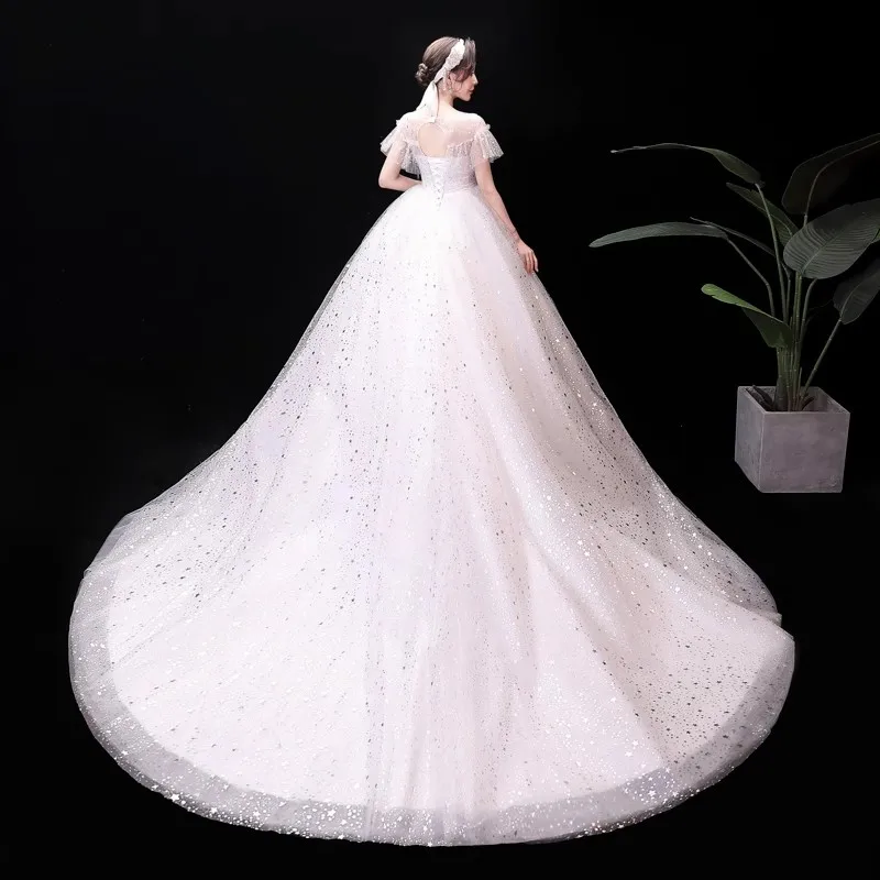 It's Yiiya Wedding Dress Cheap White Bling O-neck Ruffles Short Sleeve Lace up Trailing Princess Bride Ball Gown Plus size XN051