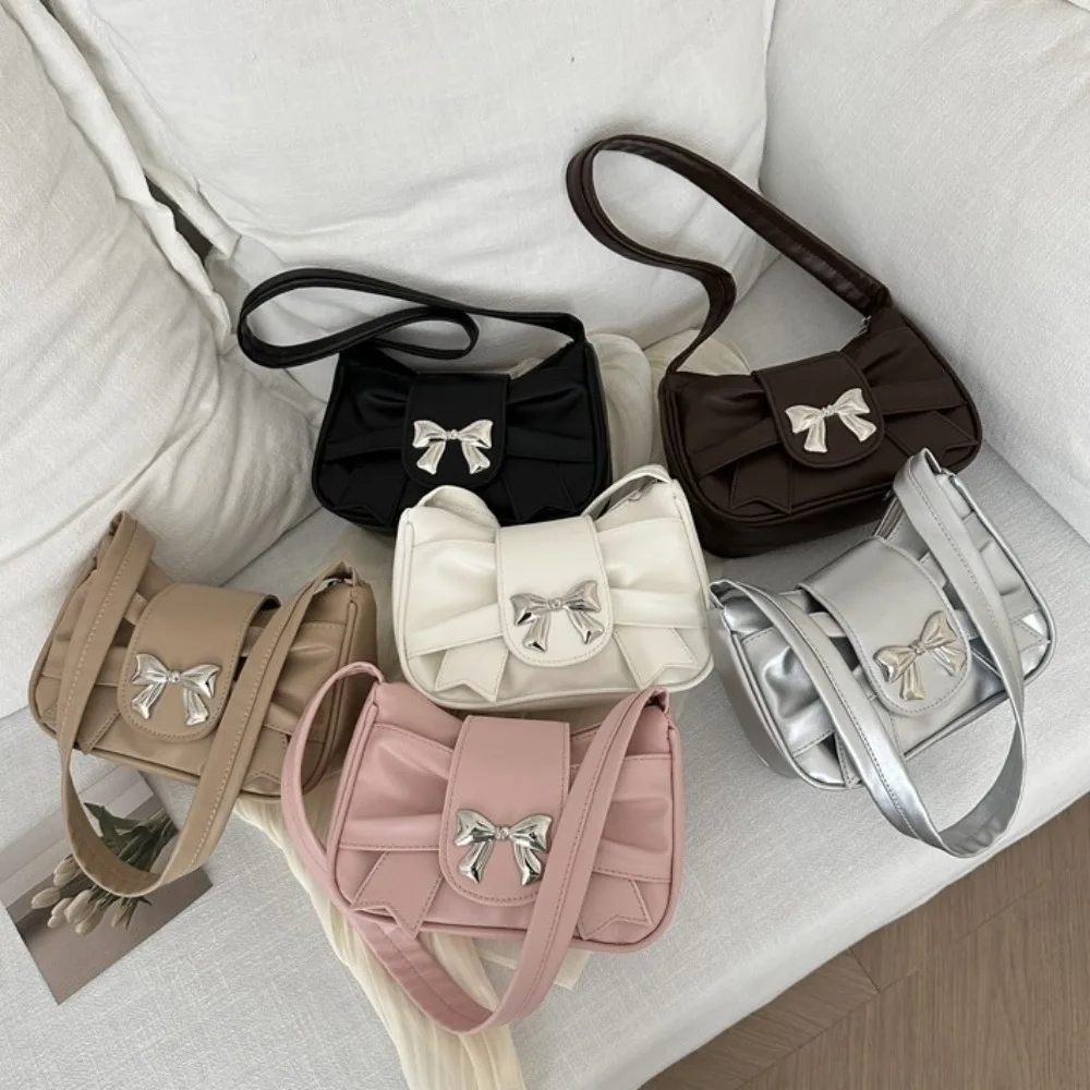 

Elegant PU Leather Square Pleated Handbag Underarm Soft Bow Armpit Bag Casual Korean Style Bowknot Shoulder Bag Girls