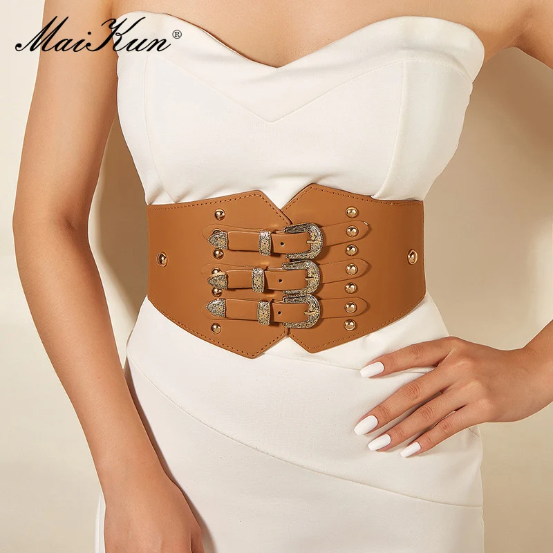 Maikun Vintage Carved Buckle Women's Belt Fashion Rivet Snap Button Elastic Wide Belt