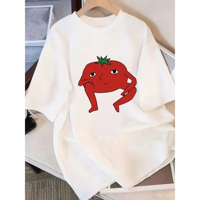 Funny Tomato Cartoon Graphic T-Shirt Sitting Tomato Print Casual Short Sleeve Minimalist Vegetable Design Crewneck Tee for Daily