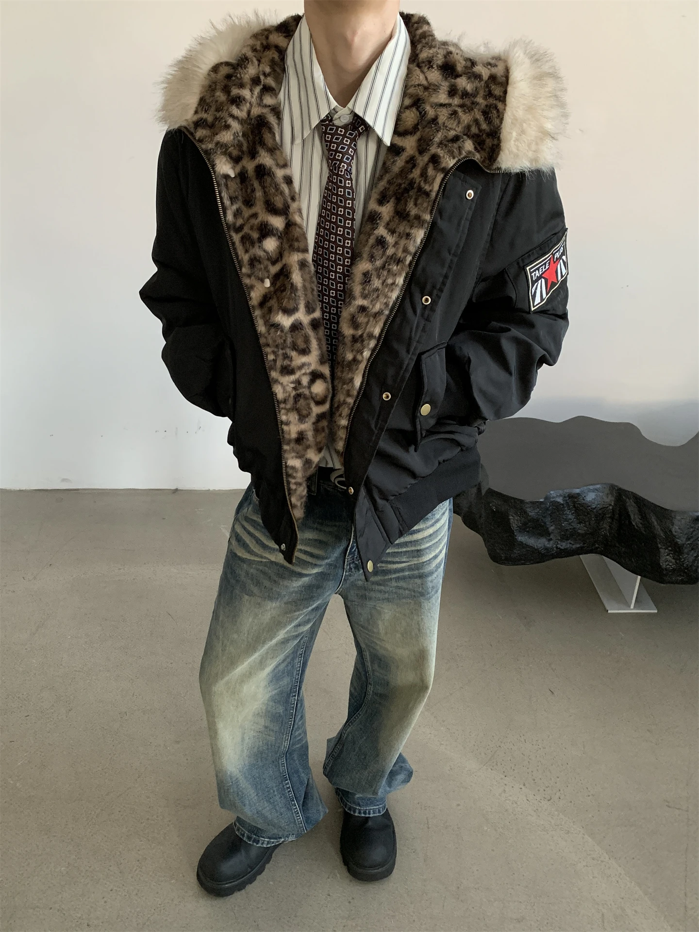 

Ykee American Retro Parka Thiened Hooded Cotton Jaet Men's Winter Coat Leopard Print Fur Collar Youth Faion Warm Coat