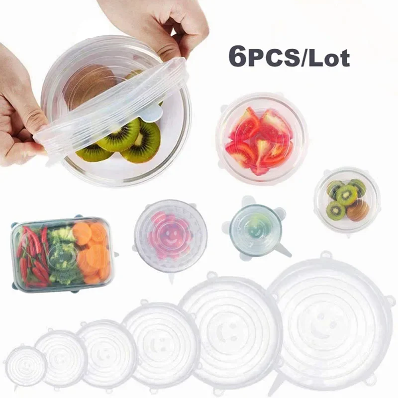 6 pcs Silicone Stretch tampas reutilizáveis hermético Fruit Food Wrap coberturas mantendo fresco Seal Bowl Stretchy Wrap Preservation Cover