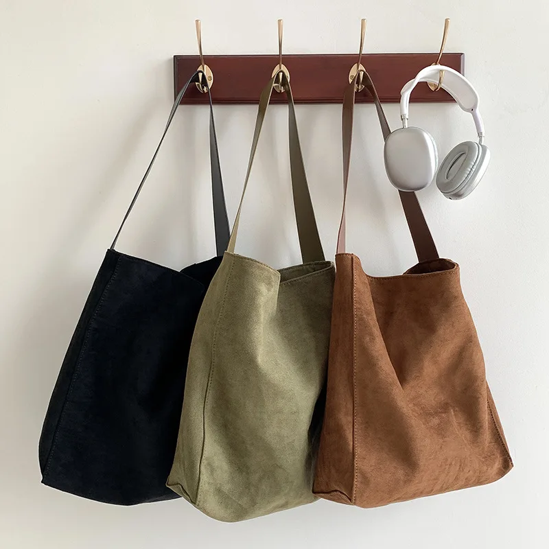 Bolsa de ombro de couro falso camurça feminina, bolsa de cesta minimalista, versátil, grande capacidade, esfoliante casual, cor sólida, na moda