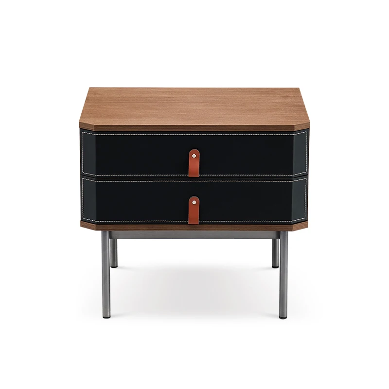 Minimalist Saddle Leather Bedside Table Double Drawer Bedside Locker