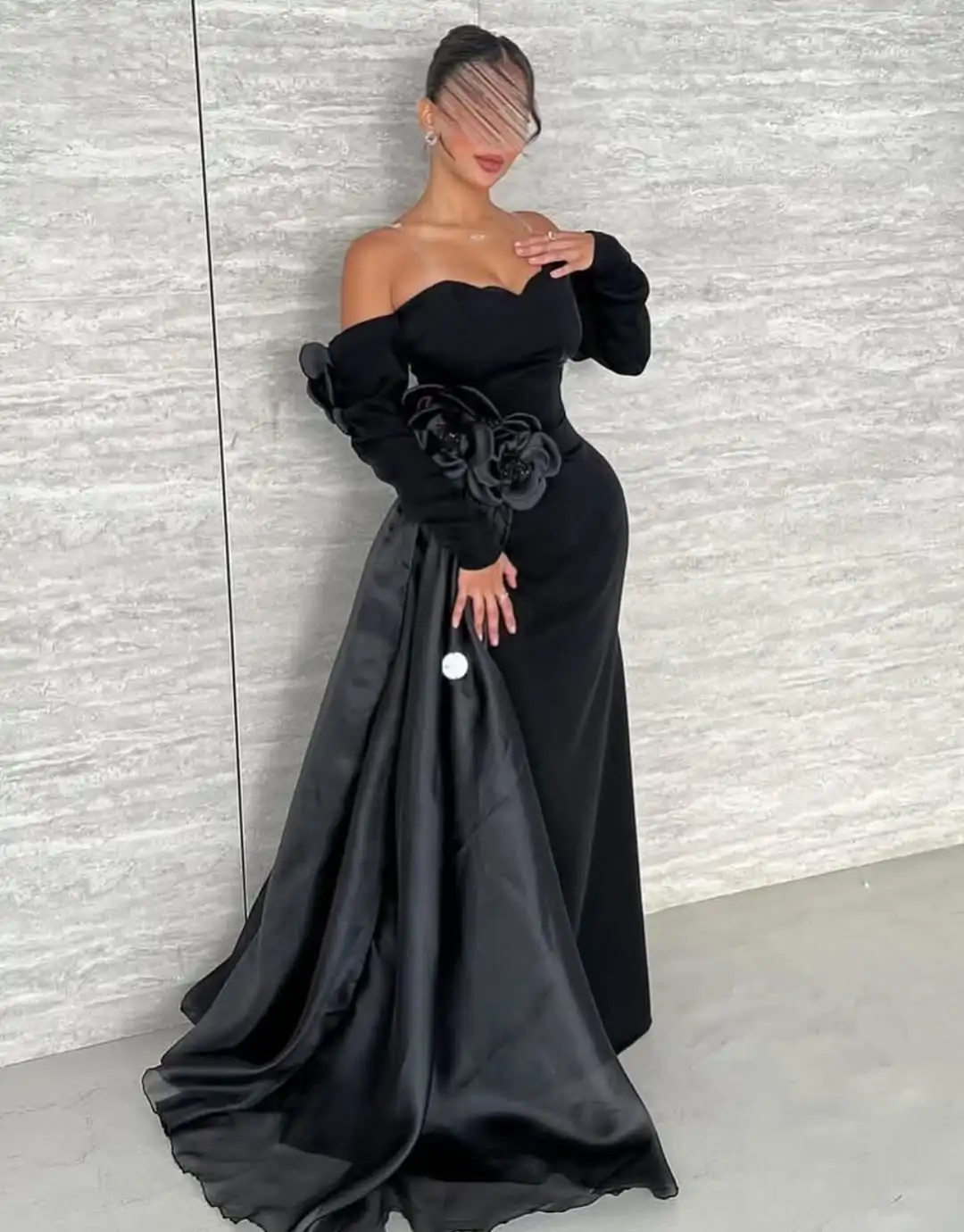 

Customized Black 3D Flowers Mermaid Off the Shoulder Prom Dresses Long for Women 2026 Long Sleeve Velvet Formal Evening Gowns