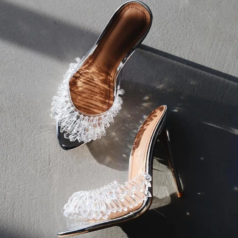 Clear PVC Transparent String Bead Fringe Open Toe Mules Silver Leather Slip On 12CM Stiletto Heels Women Summer Slippers Shoes