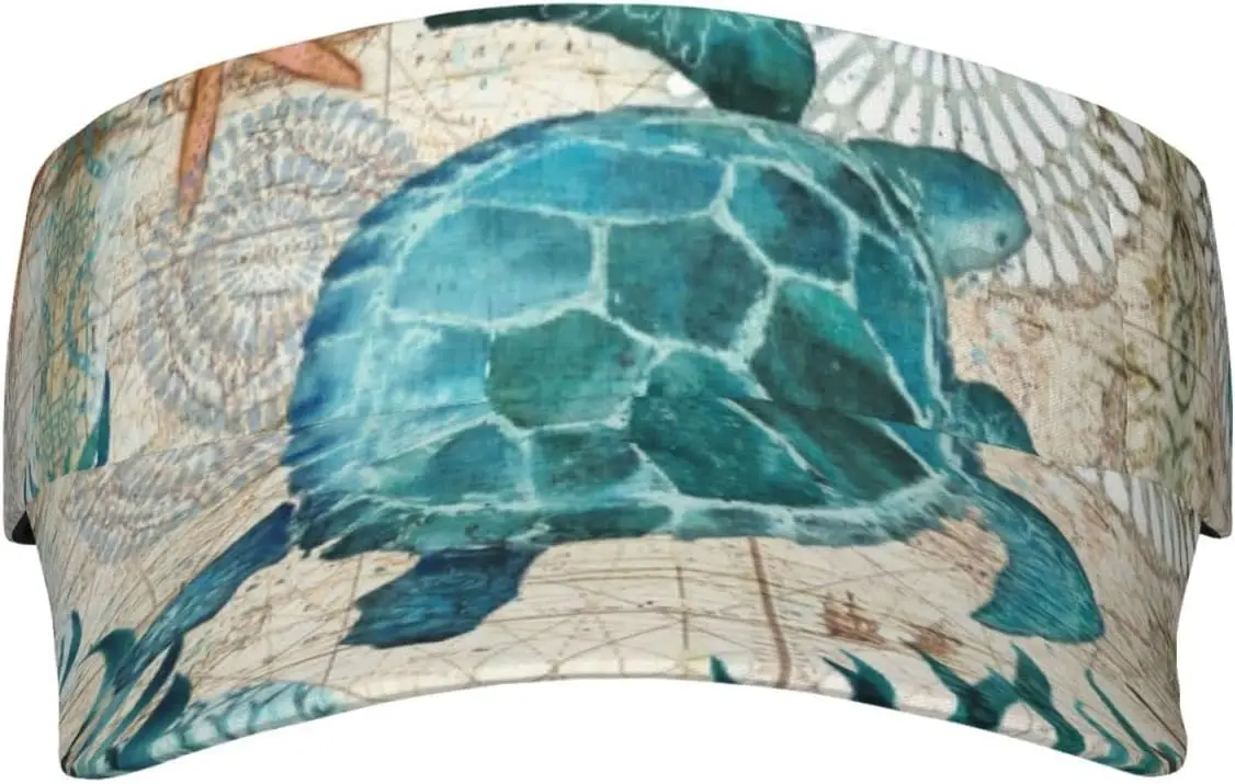 Blue Sea Turtle Nautical Map Pattern Sunscreen Visor Hats for Women & Men, Sport Empty Top Baseball Sun Cap, Tennis Visor