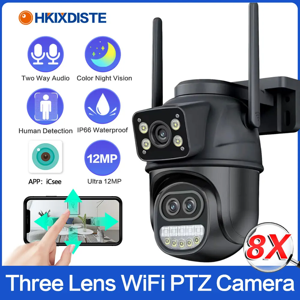 

ICSEE 12MP 4K CCTV WiFi IP Camera 8X Zoom Dual Lens Security Protection PTZ Video Surveillance Camera Auto Tracking 8MP XMEYE