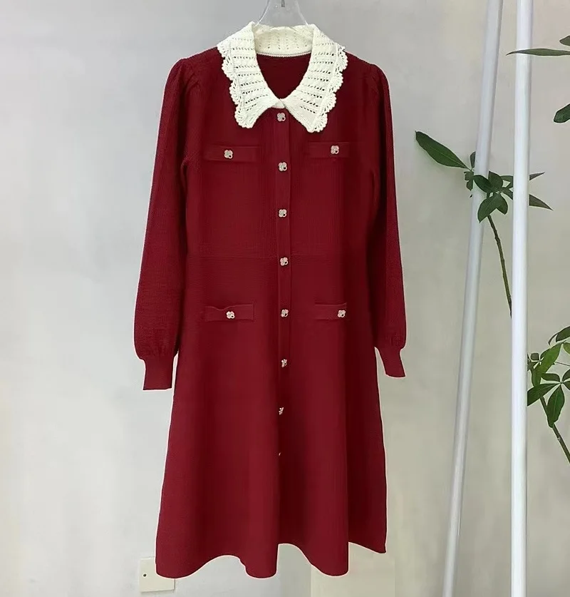 

Top Quality New Knitted Dress 2023 Autumn Winter Clothing Women Turn-down Collar Flower Button Long Sleeve Red Sweater Dress