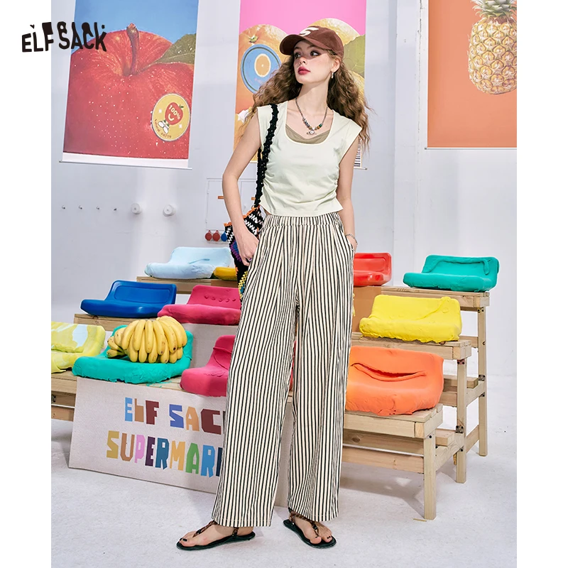 ELFSACK Women's Vertical Striped Wide Leg Pants with Elastic Waist, Casual Loose Zebra Trousers for Summer, Vintage Street Top