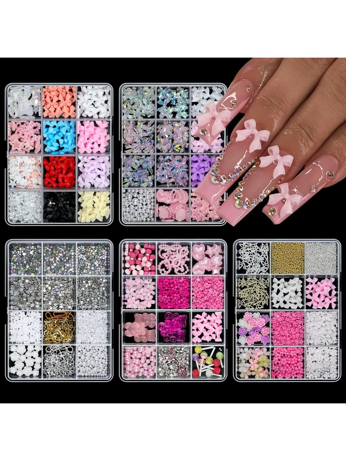 12 grilles/boîte 3D mixte nœud papillon perle coeur ongles breloques Flatback résine fleur, étoile, lune ongles strass bricolage Nail Art décorations &