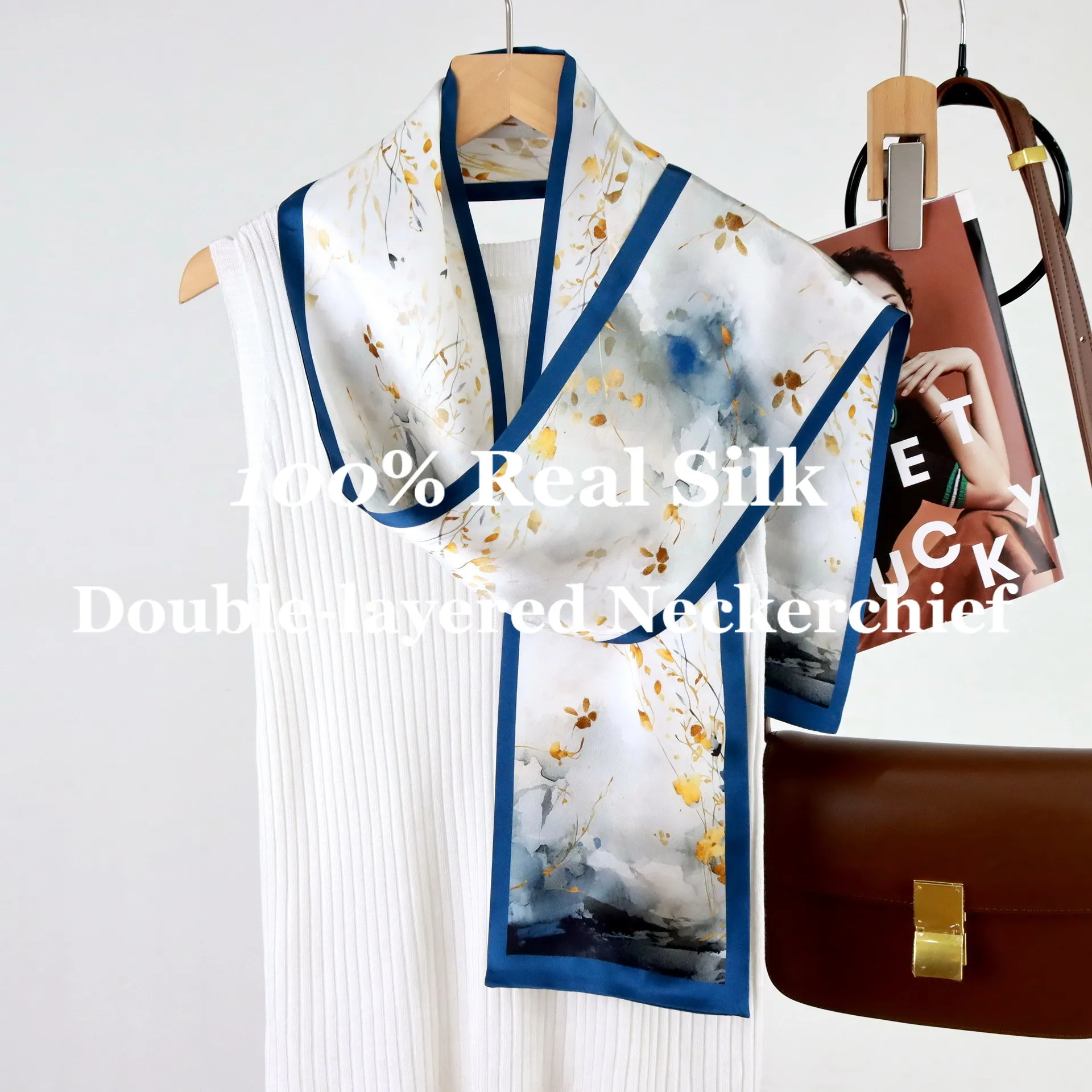 

Элитный 100% шелковый платок из тутового шелкопряда, двухслойный узкий длинный шелковый шарф для элегантного хиджаба, лента для завязывания сумок, не мнется