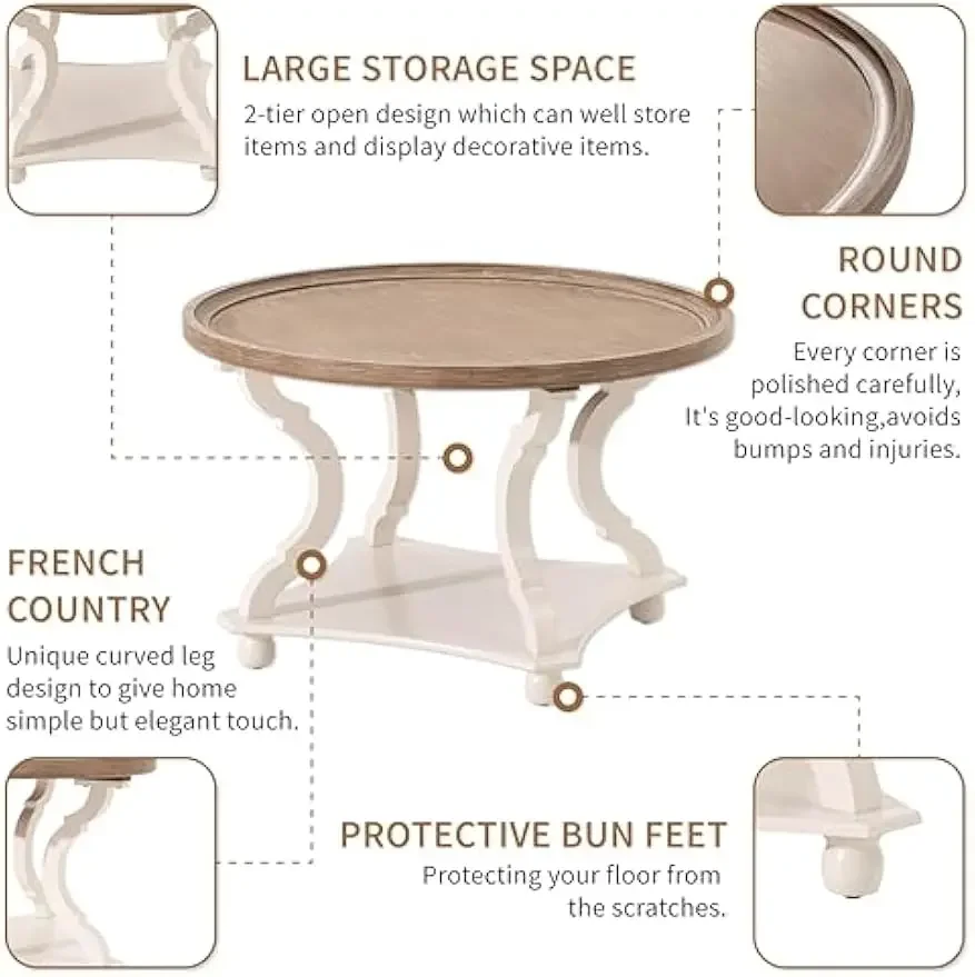 Mesa de centro redonda de fazenda com acabamento artesanal, mesa de centro rústica com bandeja de madeira para espessura adicionada, mesa de destaque