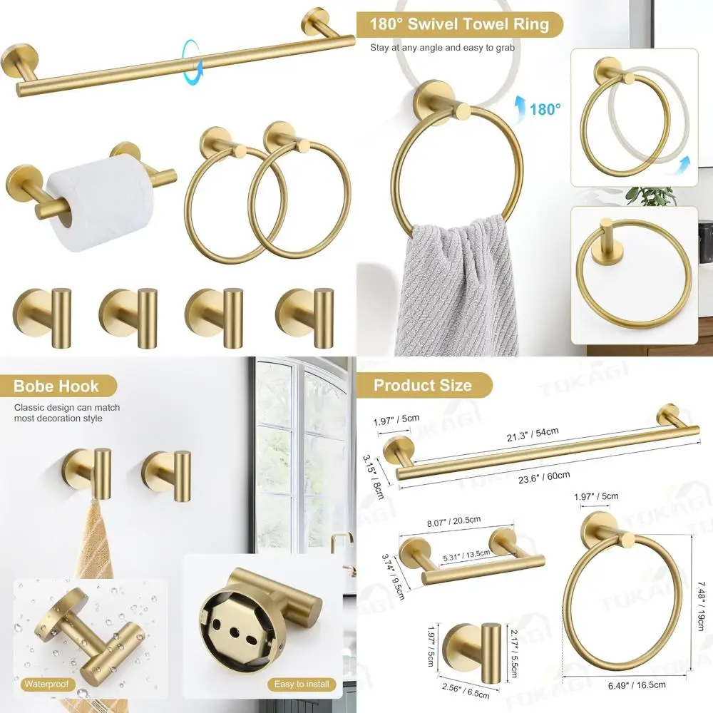 

Bathroom Hardware Set Brushed Gold Stainless Steel Towel Bar Accessories 23.6 Inch Round Bath Decor