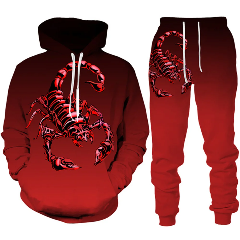 Ensemble de survêtement unisexe imprimé scorpion 3D pour hommes et femmes, sweat à capuche, vêtements de sport, vêtements trempés, 2 pièces