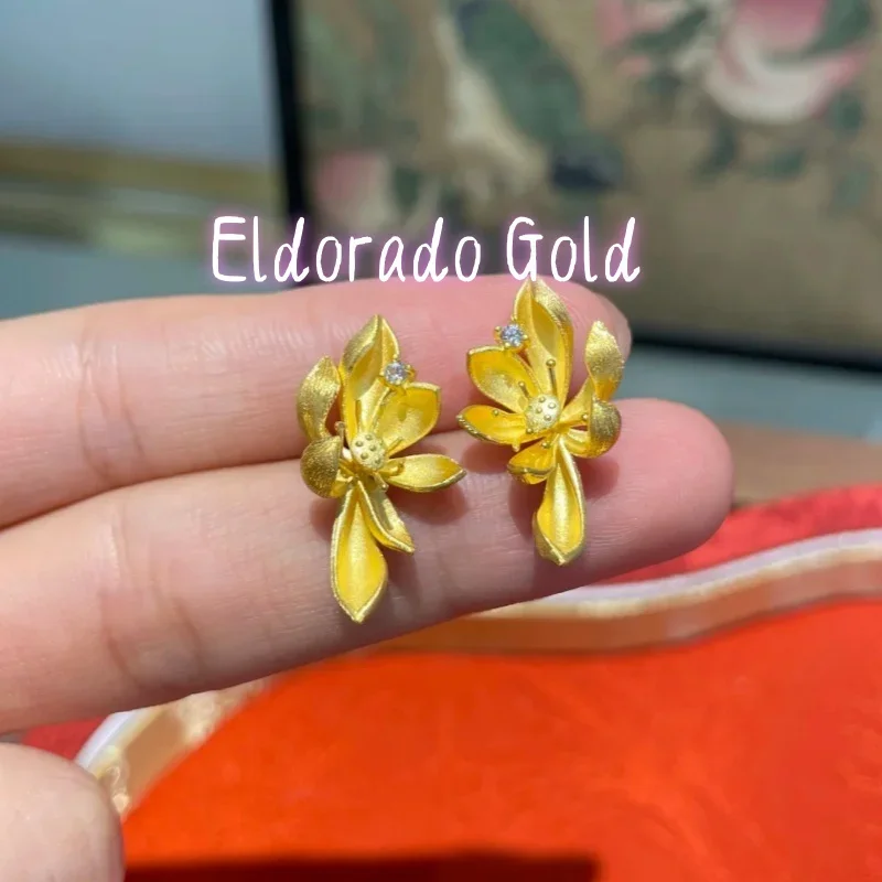 

2025 AU750 18K gold retro brushed lotus earrings for women with a sense of luxury and exaggerated temperament earrings gift