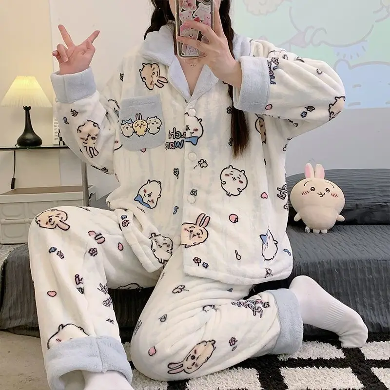 

Kawaii Chiikawa женский пижамный костюм с героями мультфильмов Usagi Hachiware, брюки с длинными рукавами, теплая одежда для сна, студенческая утолщенная коралловая одежда для дома