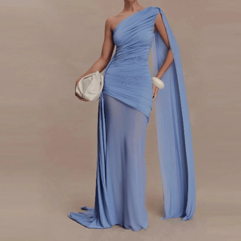 

Trendy High Waist Hollow Dress Elegant Slash Collar Sleeveless Pleated Evening Dress Temperament Lady Solid Ribbon Banquet Dress