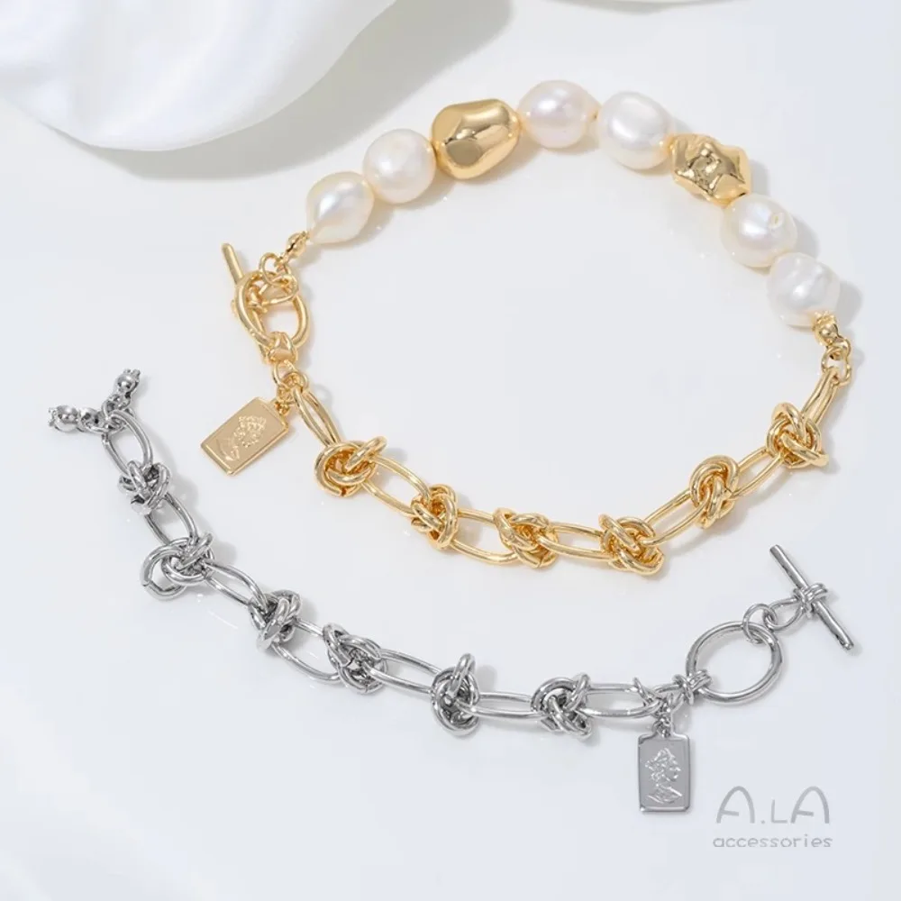 

14K Gold Color OT Buckle Tag Half Knotted Chain DIY Handmade String Crystal Pearl Light Luxury Bracelet Accessories