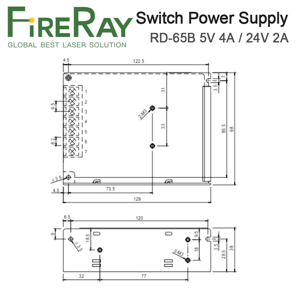 FireRay Original MeanWell 65W Switch Power Supply RD-65B 5V 4A / 24V 2A DAUL Output For Laser Machine