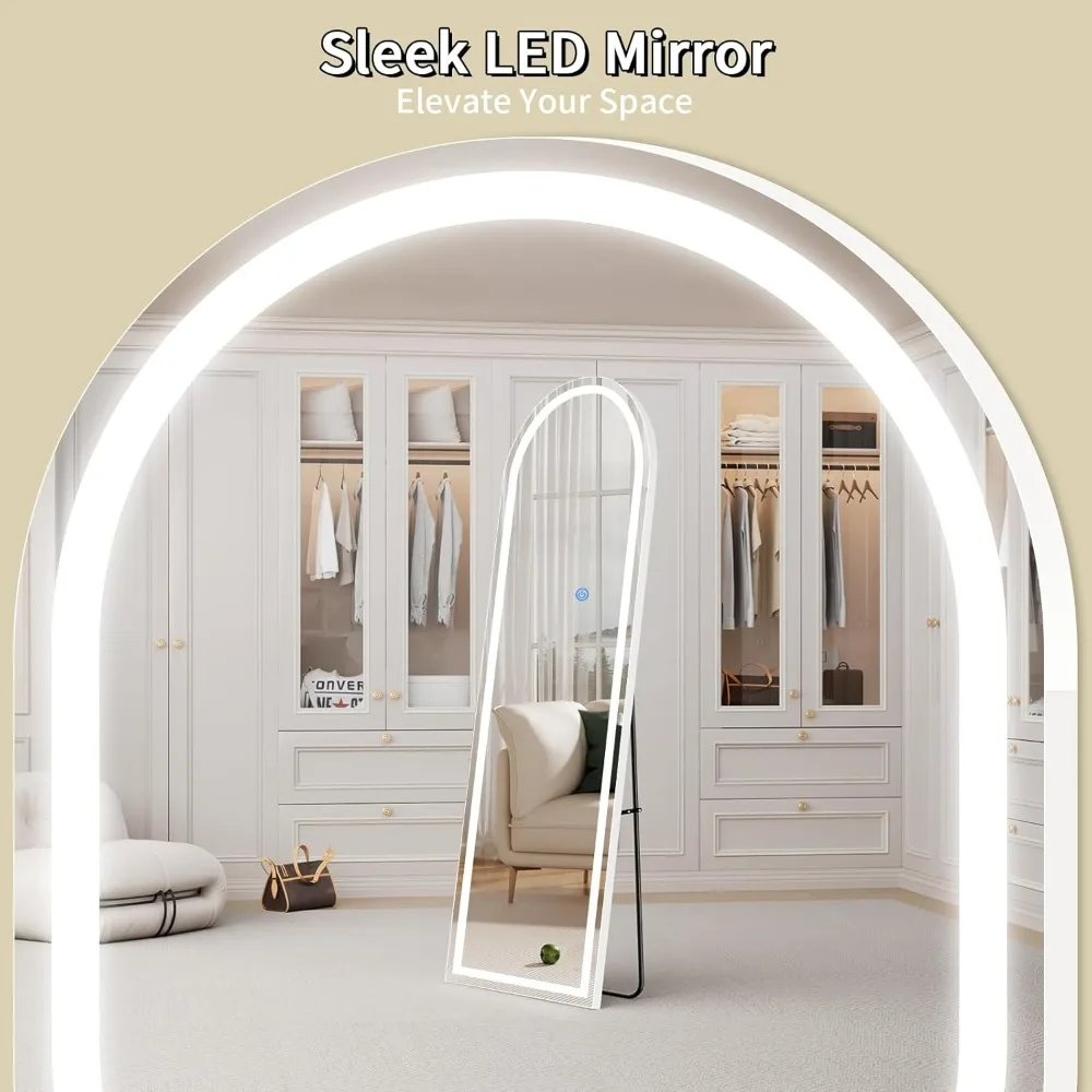스탠드가 있는 조명이 있는 풀 렝스 LED 아치형 거울, 전신 반사용 68 x 26 조명 바닥 거울