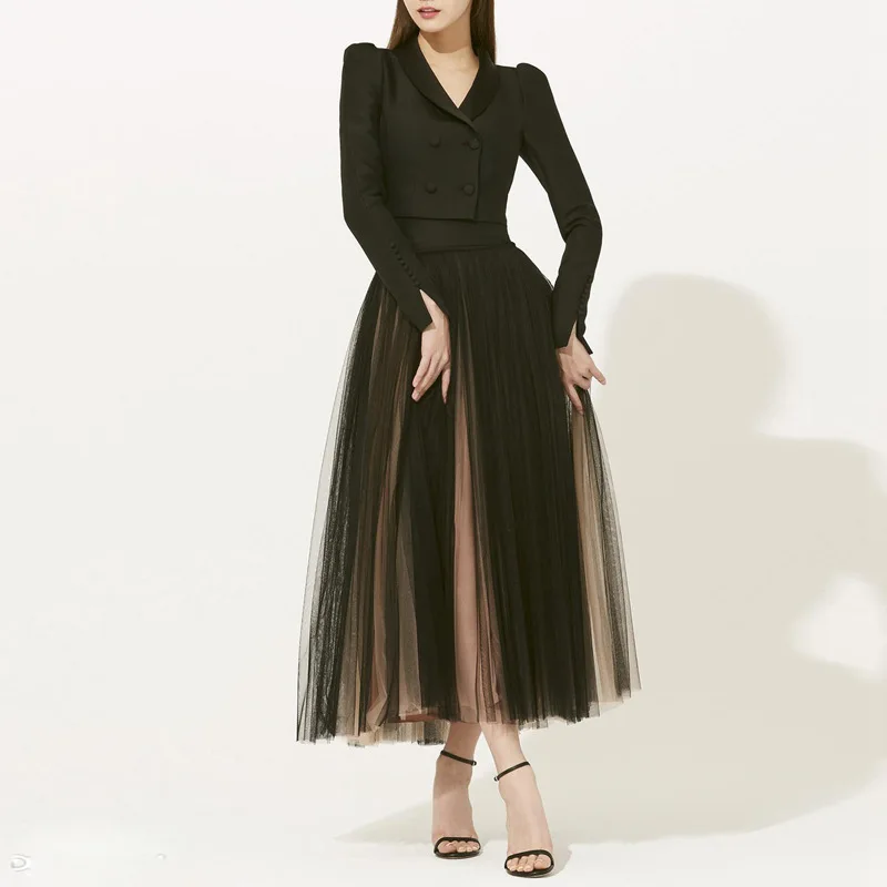 

Cekcya Two Piece Set Women Skirt and Jacket Chic and Elegant Woman Short Small Suit + Tulle Midi Skirts Female Commuting Outfit