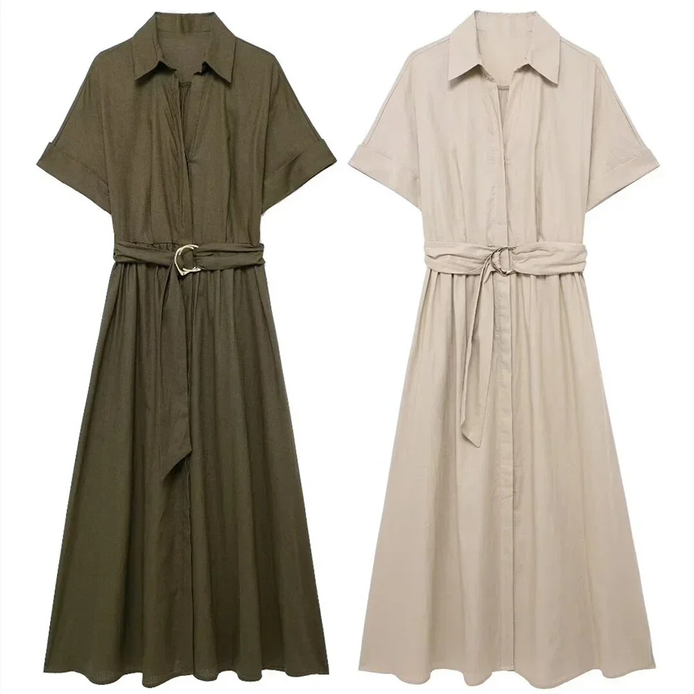 

Summer Women Dress Fashion Minority Linen Blended Midi Female Shirt Style Dresses