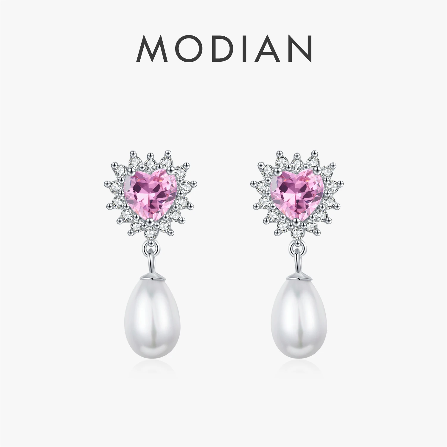 MODIAN 925 srebro serca różowa cyrkonia romantyczne kolczyki zwisające eleganckie kolczyki z muszlami i perłami dla kobiet Fine Jewelry