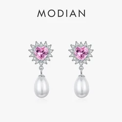 MODIAN 925 Sterling Silver Hearts Pink Zircon Romantic Dangle Earrings Elegant Shell Pearl Drop Earrings For Women Fine Jewelry