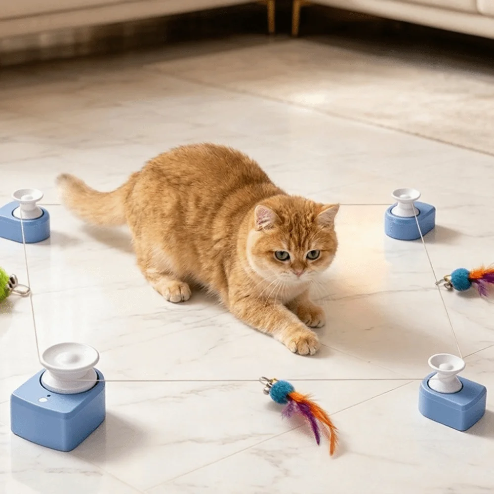Automatic Cat Race Toy Adjustable Speed USB Rechargeable Cat String Chasing Toy Wireless with Suction Cup Interactive Cat Toy