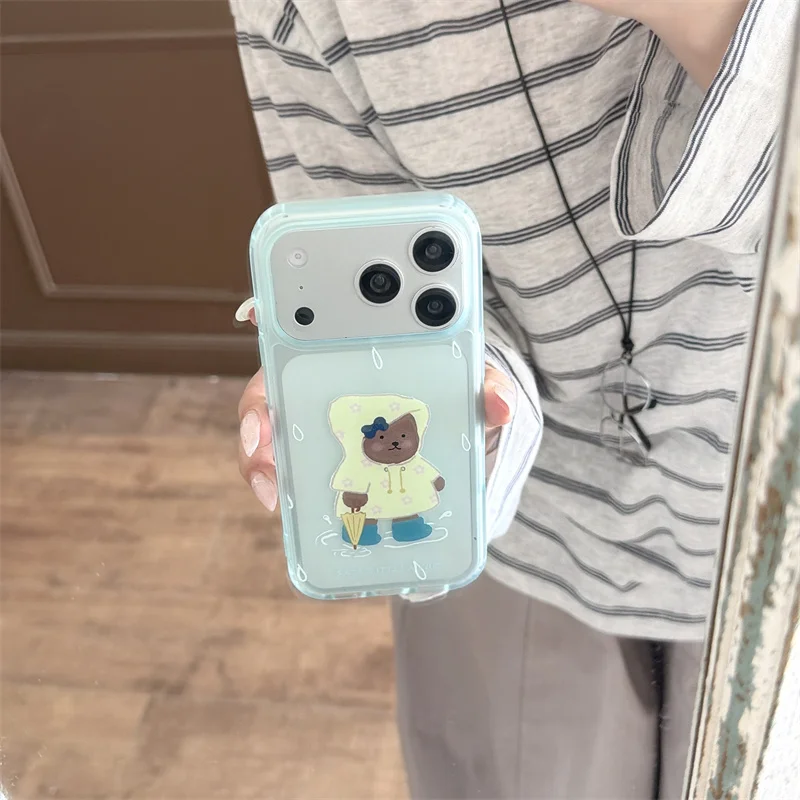 Translucent Blue Cute Bear Raincoat Phone Case For iPhone 17 16 15 Pro Max Shockproof Soft TPU Cover Camera Protection Design
