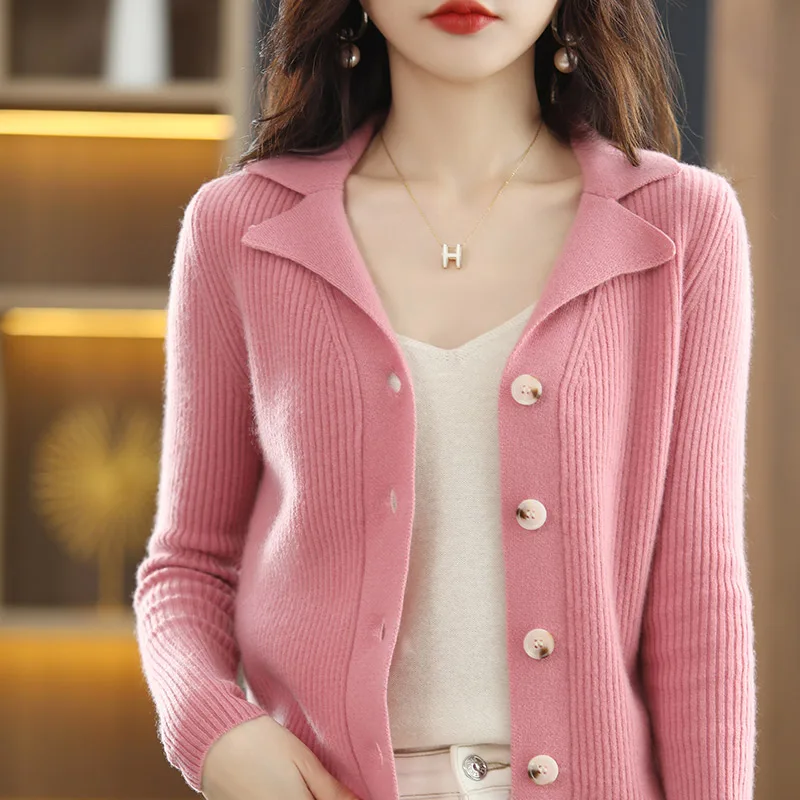 Pure Wool Knitted Cardigan Women's Spring and Autumn New Loose and Thin Exquisite Women's Clothing Chic Lapel Cashmere Sweater