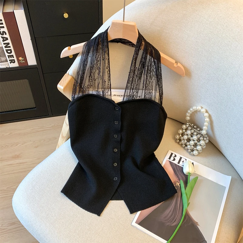 Lace Stitching Halter Neck Camisole Vest Women Summer Gentle V-Neck Sweet Sleeveless Top