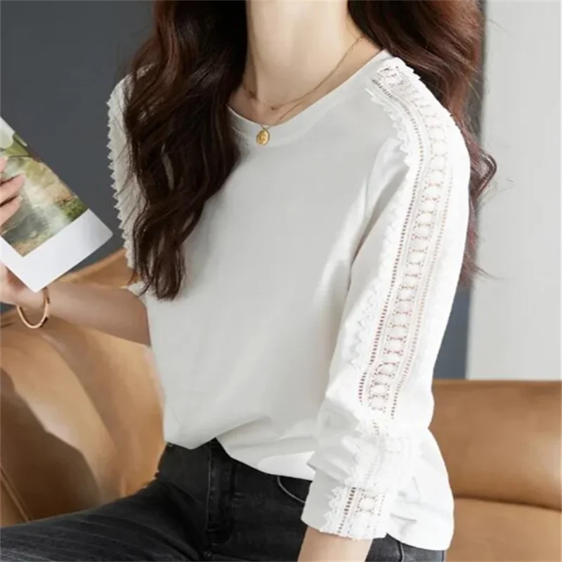 Cotton T-shirt Lace Top For Women Spliced Hollow Out Female Tshirts Simplicity White Blous Oneck Long Sleeve OL Lady Tees Tops