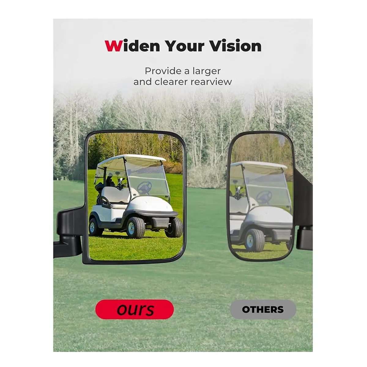 

L79A No Drilling Golf Cart Side Mirrors, Universal Rear View Mirror for 0.75"-1.25" Square Rail, Folding Design