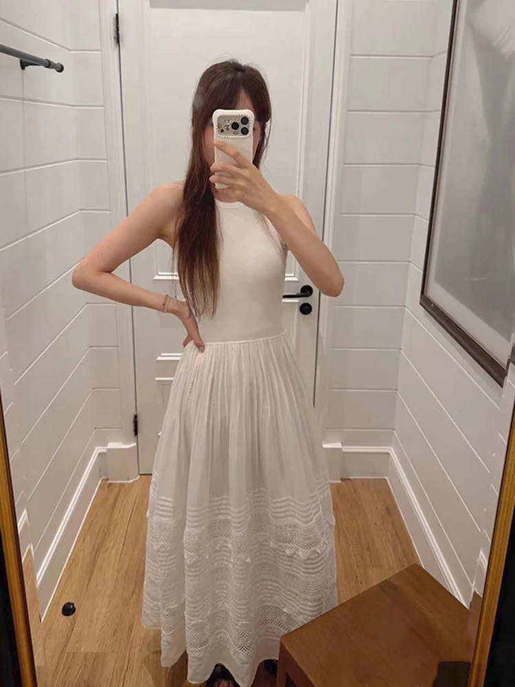 

Summer 2026 Women's Long Vest Skirt with Lace Trim Multi-Layer Pleated Flared Hem French Style Casual Cotton round Neck Dress