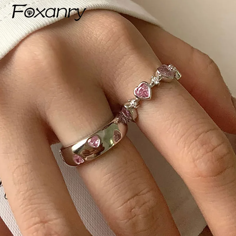 Foxanry funkelnde rosa Zirkone Braut ringe für Frauen Paare koreanische trend ige kreative Liebe