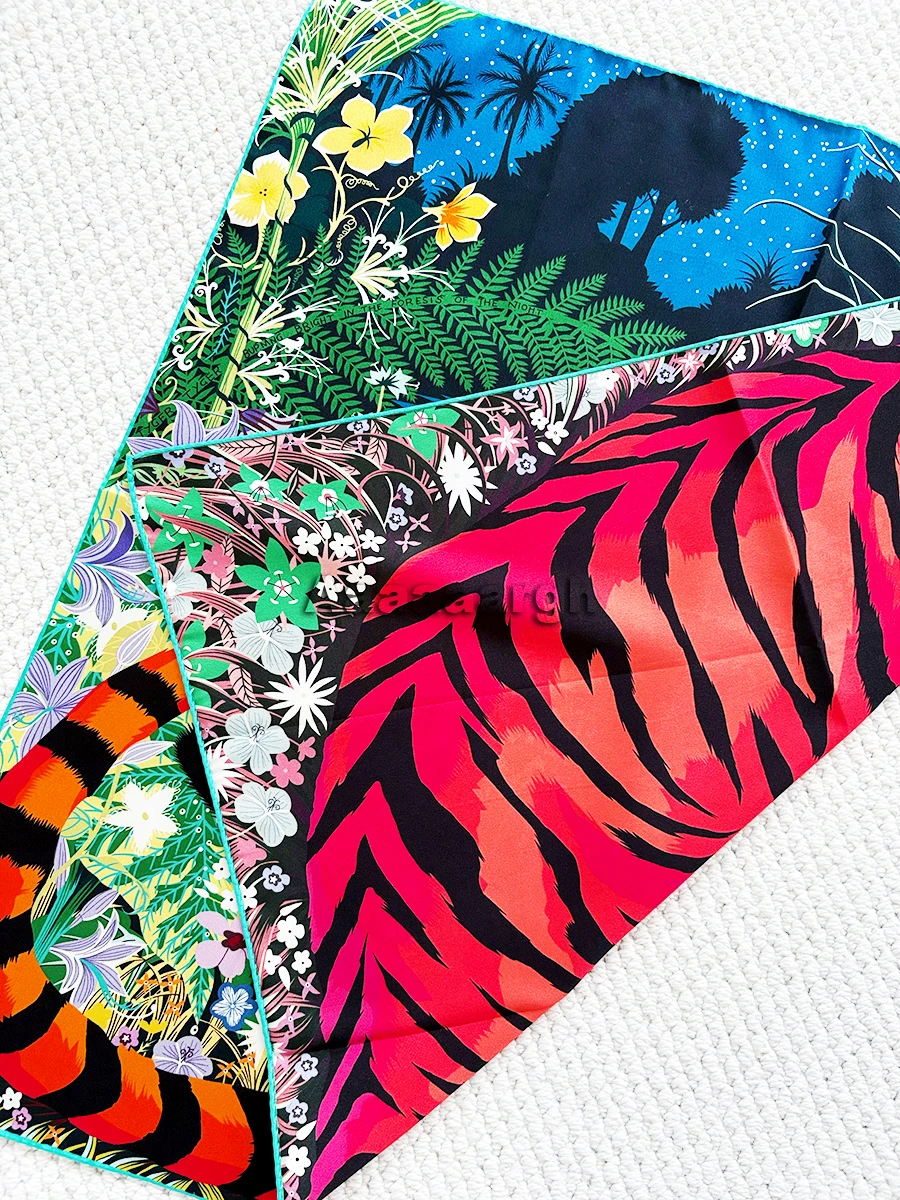 

AB Silk Scarf 70cm Women Hand Rolled Scarfs Shawls Bag Belt Accessories Lady Christmas Gift Double Sided Print Bandana Tiger