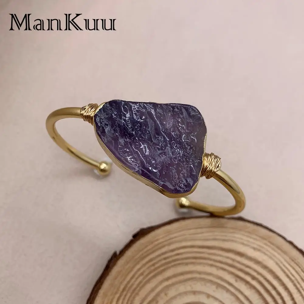 mankuu elegant irregular natural amethyst crystal stone gold plated jewelry adjustable bracelets for charm women gifts