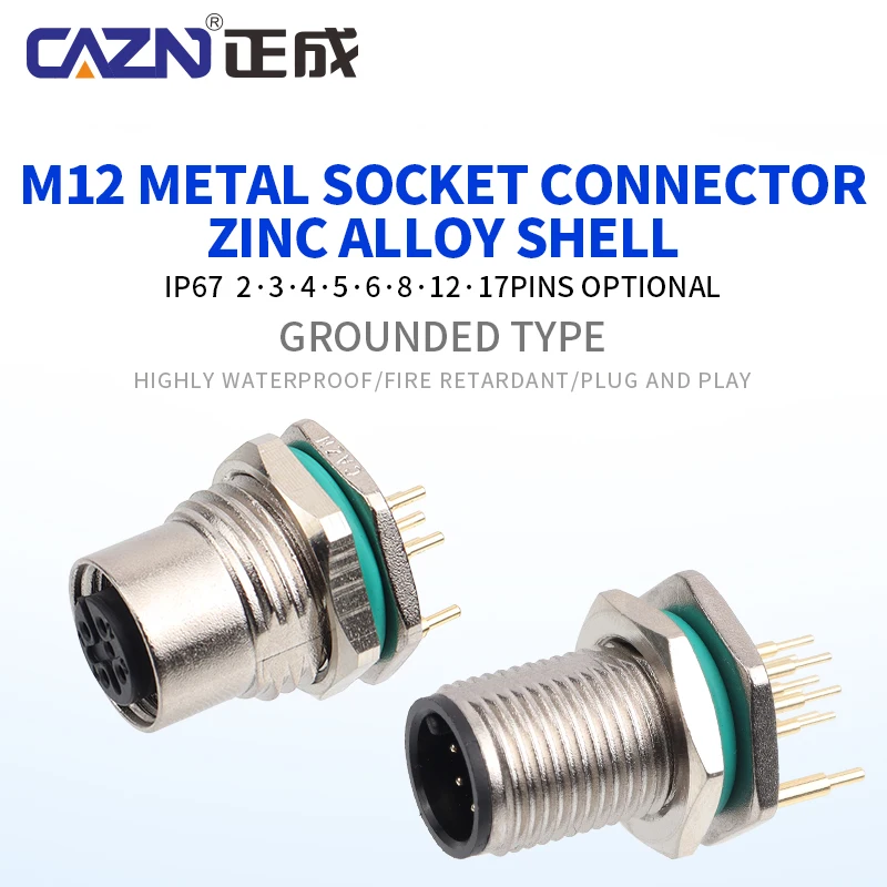M12 Zinc Alloy PCB Socket Male Female Rear Panel Mount 2 3 4 5 6 8 12 17 Pin A/B/D Grounded IP67 for Railway & Transit Systems