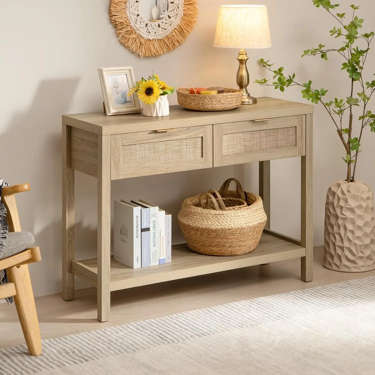 Rattan Console Table for Entryway - Boho Entryway Table with Storage and Drawers, Wood Small Entry Table for Hallway Behind Couc