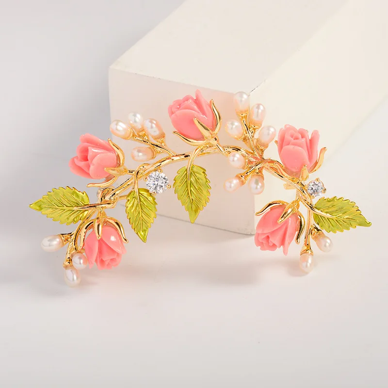 Ethnic Antique Bridal Branch Brooch Handmade Enamel Freshwater Pearl Plant Flower Broochpins Delicate Corsage Accessories Pins