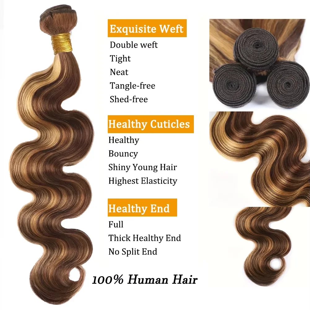 30인치 4/27 하이라이트 번들 바디 웨이브 인모 16A 브라질리언 레미 허니 컬러 인모 익스텐션 옴브레 4/5개 묶음