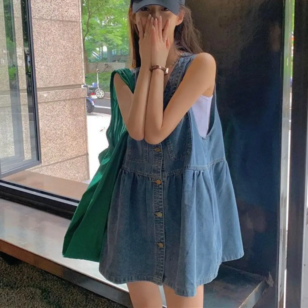 

High Waisted Cowboy Strap Dress Pleated V-neck Denim Camisole Dress Single Breasted Loose Sleeveless Short Dress Female