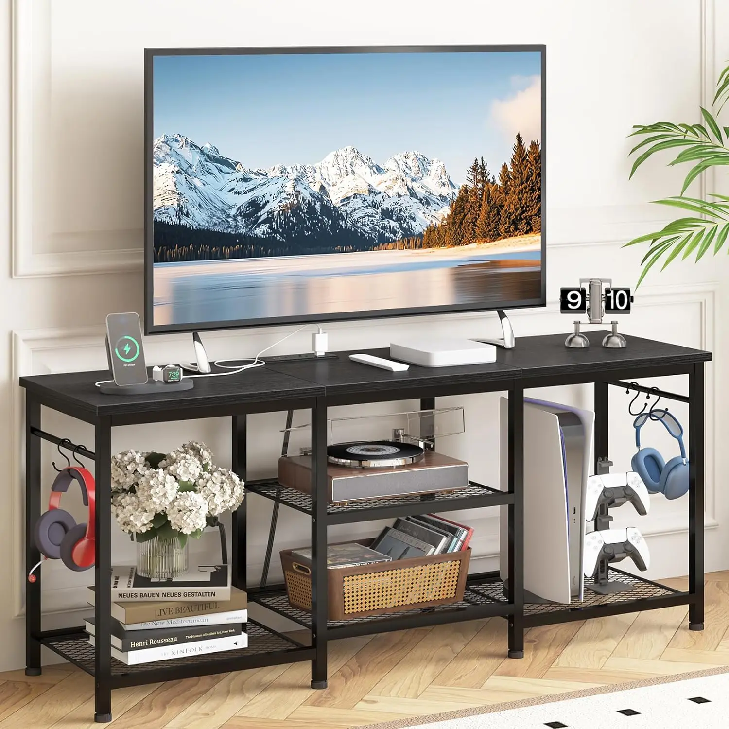 

Entertainment Center for 55 Inch TVs, TV Stand with Power Outlet and Open Shelves, Media Console for Living Room Bedroom, Black