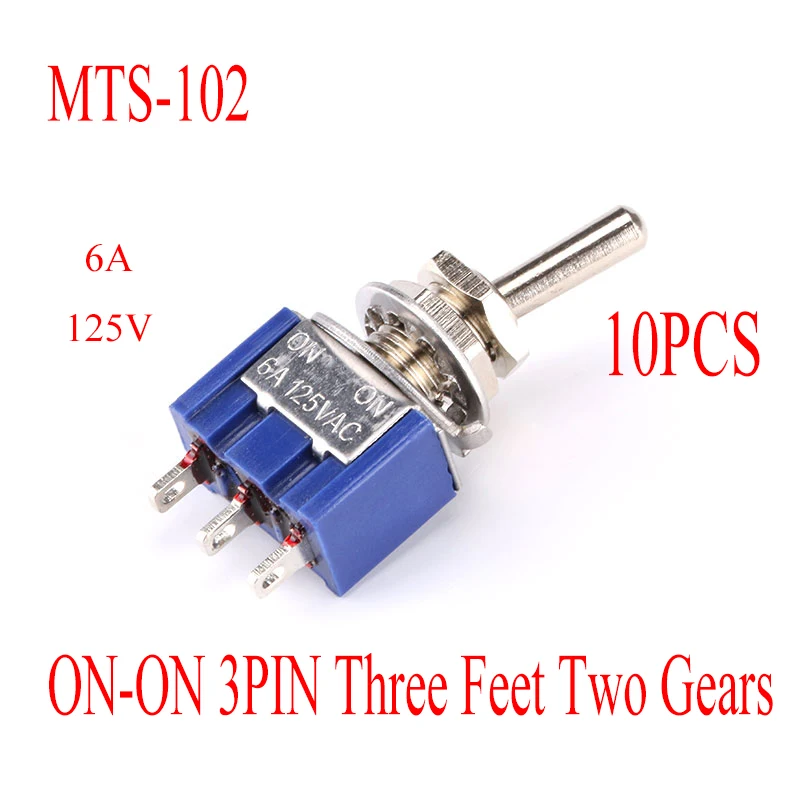 10PCS  SPDT 6A 125VAC Miniature Rocker Switch Blue Mini MTS-102 Toggle Switch ON-ON 3PIN Three Feet Two Gears