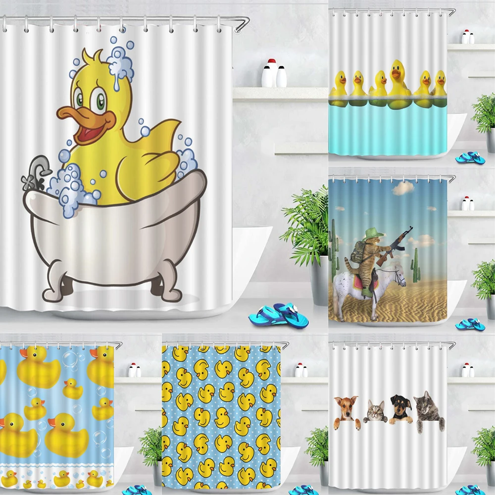 Cute Duck Printing Shower Curtain Cartoon Bathroom Waterproof   With Hook Home Decoration