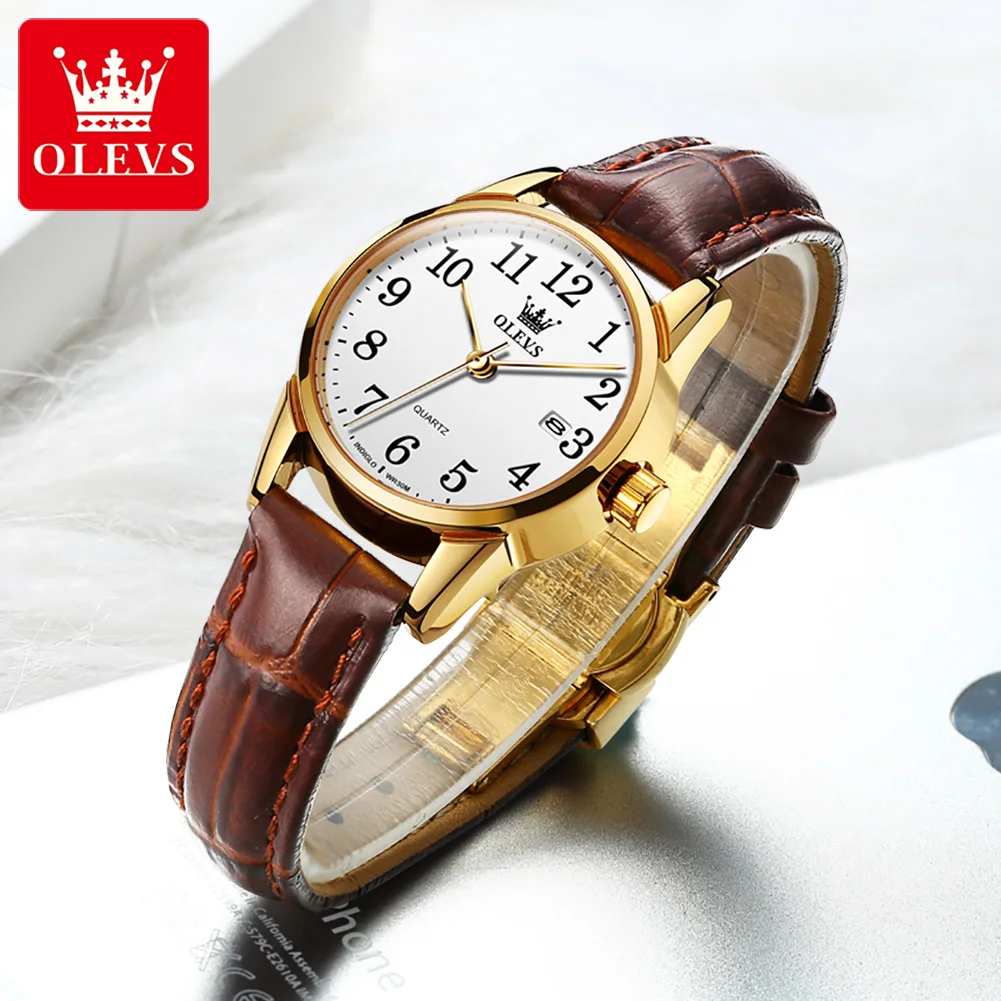 

OLEVS Fashion Casual Arabic Numerals Quartz Women Watches Classics Brown Leather Strap Waterproof Elegant Lady Wristwatch 5566