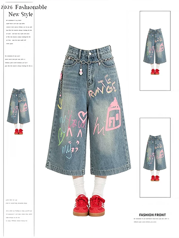 

Dopamine Graffiti Denim Jeans Women's Loose Wide Leg Shorts Mid-Calf Summer New Style Casual High Waist Cotton Blend Denim